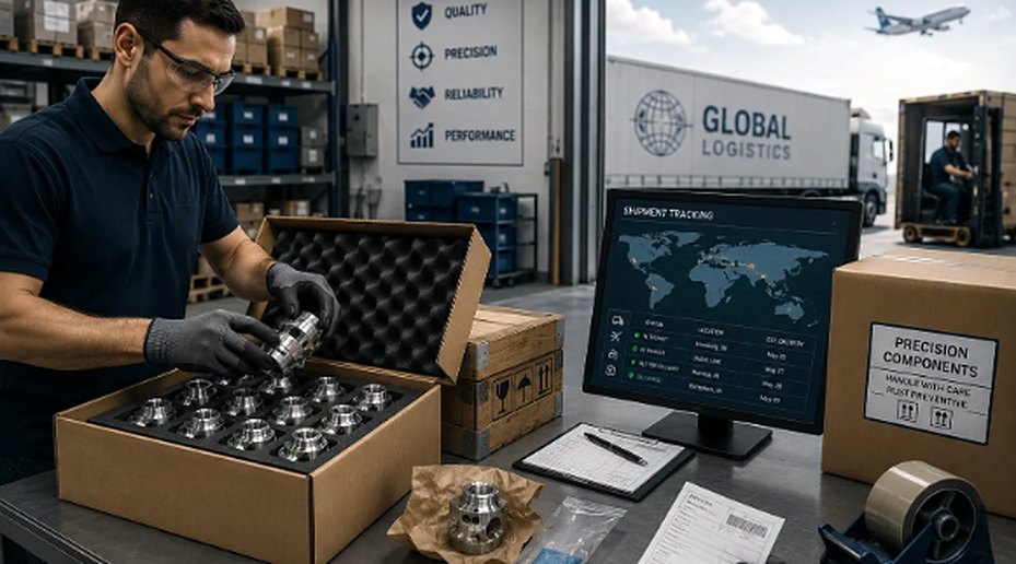 Worker packing machined parts into a foam-lined export carton with a shipment tracking screen and trucks in the background
