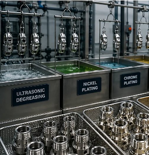 Plating line with ultrasonic degreasing, nickel plating and chrome plating tanks and trays of finished parts